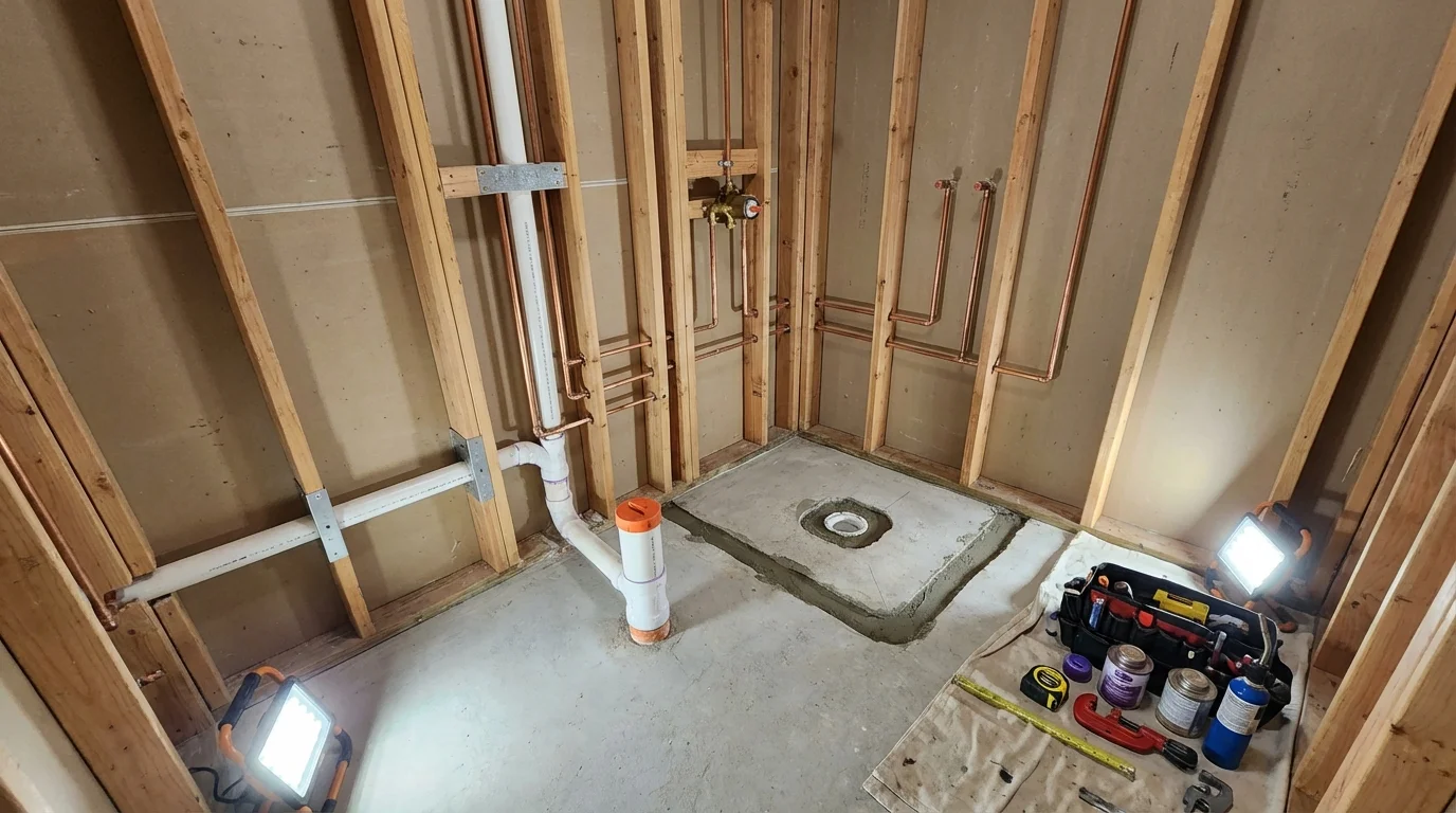 Bathroom rough-in plumbing during remodel by Johns Plumbing LLC in Kouts