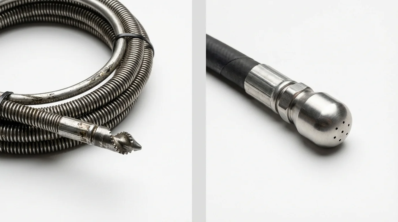 Drain snake cable and hydro jetting nozzle used for drain cleaning in Kouts, IN