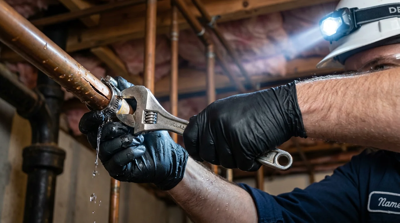Emergency pipe clamp repair being performed by a Johns Plumbing LLC plumber in Kouts