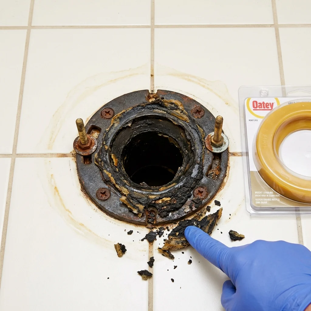 Failed wax ring showing water seepage at the base of a toilet in a Kouts, IN home