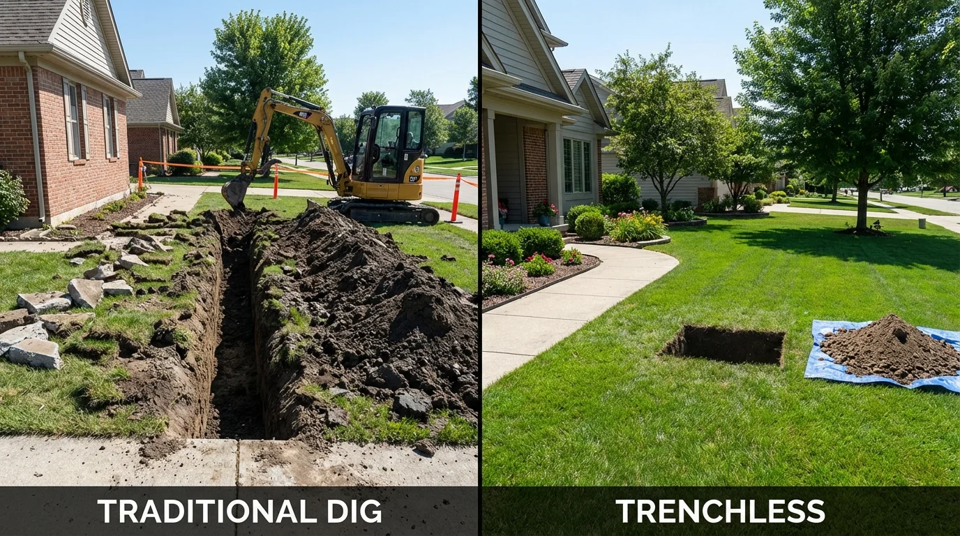 Trenchless sewer repair with minimal yard damage versus traditional excavation in Kouts, IN