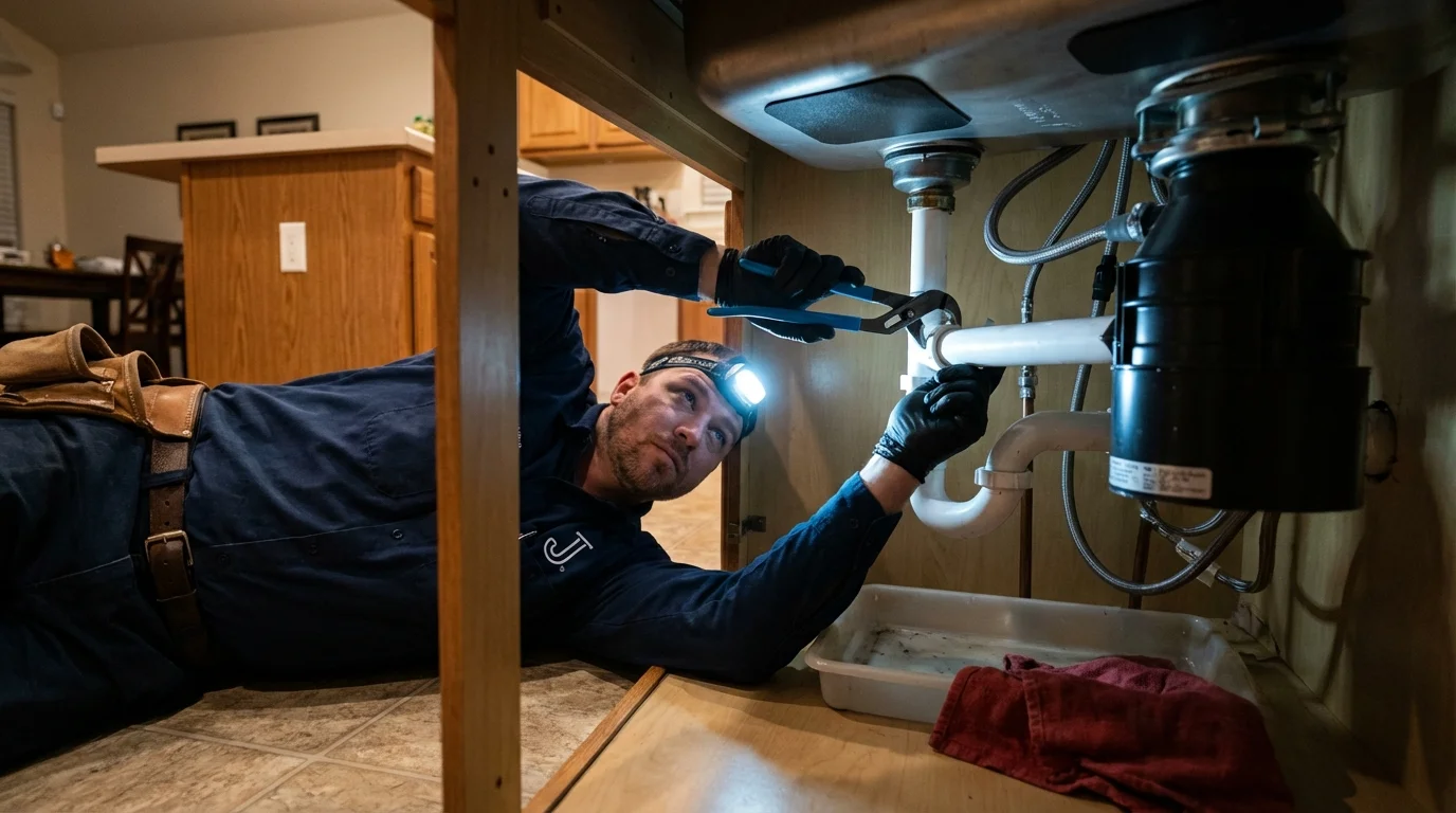 P-trap and supply line connections under a kitchen sink showing a common leak point in Kouts, IN